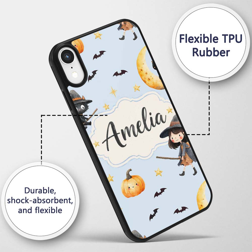 Cute Halloween Witch Girl with Black Cats Moon Custom Name Protective Phone Case Mobile Cover Durable Everyday Smartphone Shock Resistant