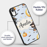Cute Halloween Witch Girl with Black Cats Moon Custom Name Protective Phone Case Mobile Cover Durable Everyday Smartphone Shock Resistant