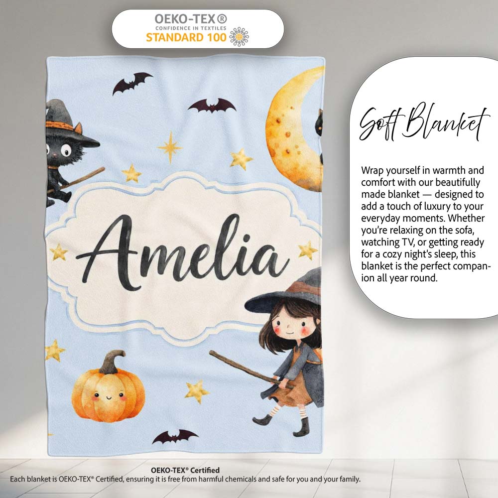 Cute Halloween Witch Girl with Black Cats Moon and Stars Seamless  Personalised Custom Name Super Soft Fleece Blanket Bed Sofa Throw