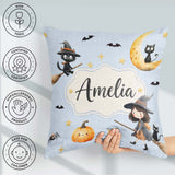 Custom Name Halloween Witch Girl with Black Cats Moon and Stars Square Filled Cushion Throw Pillow Sofa Bed Home Decor Zip Washable UK Made