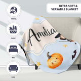 Cute Halloween Witch Girl with Black Cats Moon and Stars Seamless  Personalised Custom Name Super Soft Fleece Blanket Bed Sofa Throw