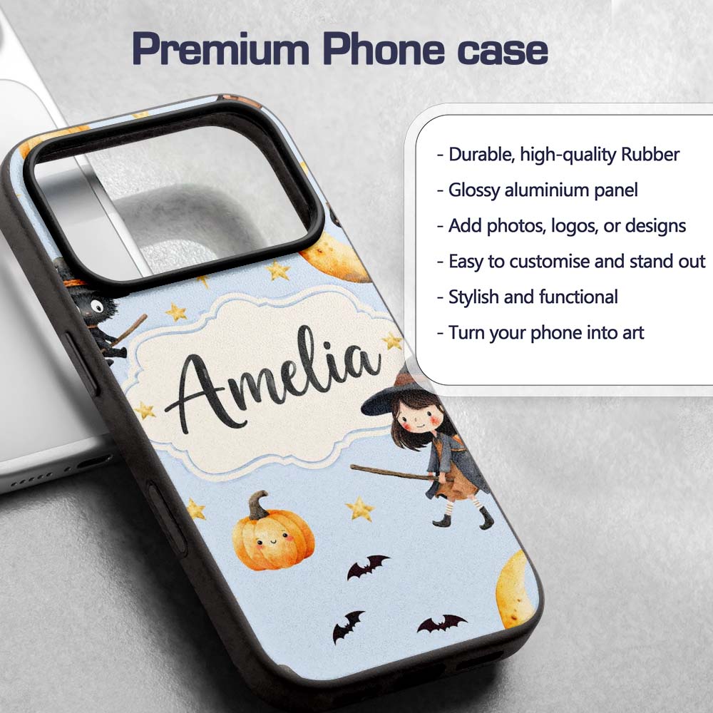 Cute Halloween Witch Girl with Black Cats Moon Custom Name Protective Phone Case Mobile Cover Durable Everyday Smartphone Shock Resistant