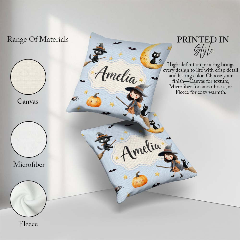 Custom Name Halloween Witch Girl with Black Cats Moon and Stars Square Filled Cushion Throw Pillow Sofa Bed Home Decor Zip Washable UK Made