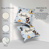 Custom Name Halloween Witch Girl with Black Cats Moon and Stars Square Filled Cushion Throw Pillow Sofa Bed Home Decor Zip Washable UK Made