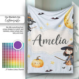 Cute Halloween Witch Girl with Black Cats Moon and Stars Seamless  Personalised Custom Name Super Soft Fleece Blanket Bed Sofa Throw