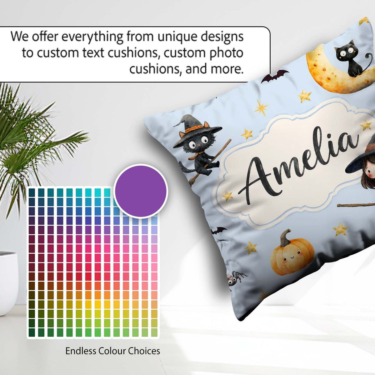 Custom Name Halloween Witch Girl with Black Cats Moon and Stars Square Filled Cushion Throw Pillow Sofa Bed Home Decor Zip Washable UK Made