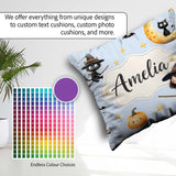 Custom Name Halloween Witch Girl with Black Cats Moon and Stars Square Filled Cushion Throw Pillow Sofa Bed Home Decor Zip Washable UK Made