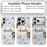 Cute Halloween Witch Girl with Black Cats Moon Custom Name Protective Phone Case Mobile Cover Durable Everyday Smartphone Shock Resistant