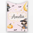 Halloween Witch Girl Flying on Broom with Black Cat Moon and Stars  Personalised Custom Name Super Soft Fleece Blanket Bed Sofa Throw
