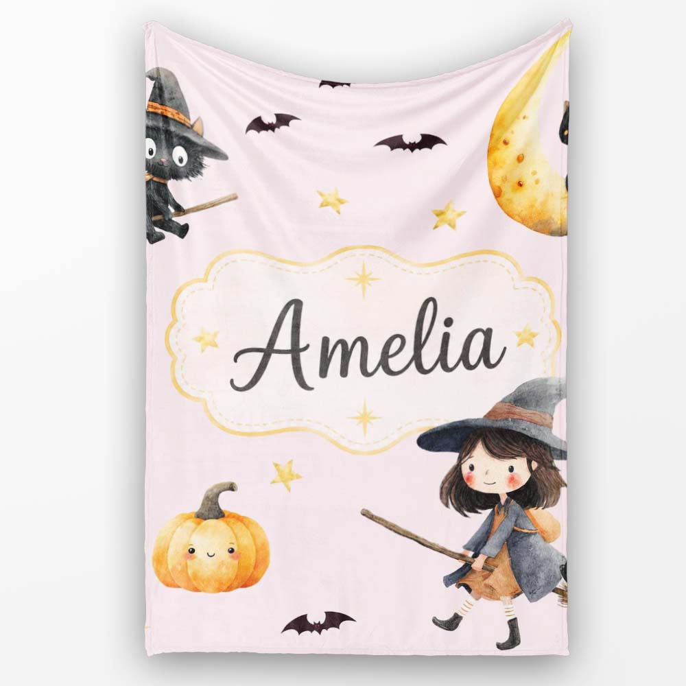 Halloween Witch Girl Flying on Broom with Black Cat Moon and Stars  Personalised Custom Name Super Soft Fleece Blanket Bed Sofa Throw