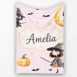 Halloween Witch Girl Flying on Broom with Black Cat Moon and Stars  Personalised Custom Name Super Soft Fleece Blanket Bed Sofa Throw