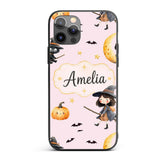 Halloween Witch Girl Flying on Broom with Black Custom Name Protective Phone Case Mobile Cover Durable Everyday Smartphone Shock Resistant