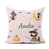 Custom Name Witch Girl Flying on Broom with Black Cat Moon Stars Square Filled Cushion Throw Pillow Sofa Bed Home Decor Zip Washable UK Made