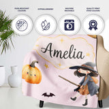 Halloween Witch Girl Flying on Broom with Black Cat Moon and Stars  Personalised Custom Name Super Soft Fleece Blanket Bed Sofa Throw