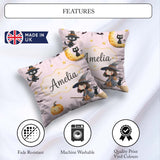 Custom Name Witch Girl Flying on Broom with Black Cat Moon Stars Square Filled Cushion Throw Pillow Sofa Bed Home Decor Zip Washable UK Made