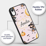 Halloween Witch Girl Flying on Broom with Black Custom Name Protective Phone Case Mobile Cover Durable Everyday Smartphone Shock Resistant