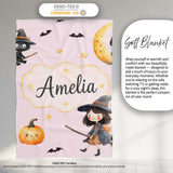 Halloween Witch Girl Flying on Broom with Black Cat Moon and Stars  Personalised Custom Name Super Soft Fleece Blanket Bed Sofa Throw