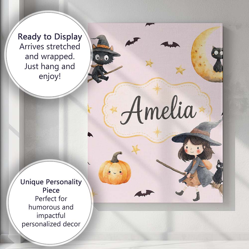 Personalised Name Halloween Witch Girl Custom  Modern Room Accent Elegant Feature Canvas Wall Art Print Decor Picture Ready to Hang