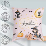 Custom Name Witch Girl Flying on Broom with Black Cat Moon Stars Square Filled Cushion Throw Pillow Sofa Bed Home Decor Zip Washable UK Made