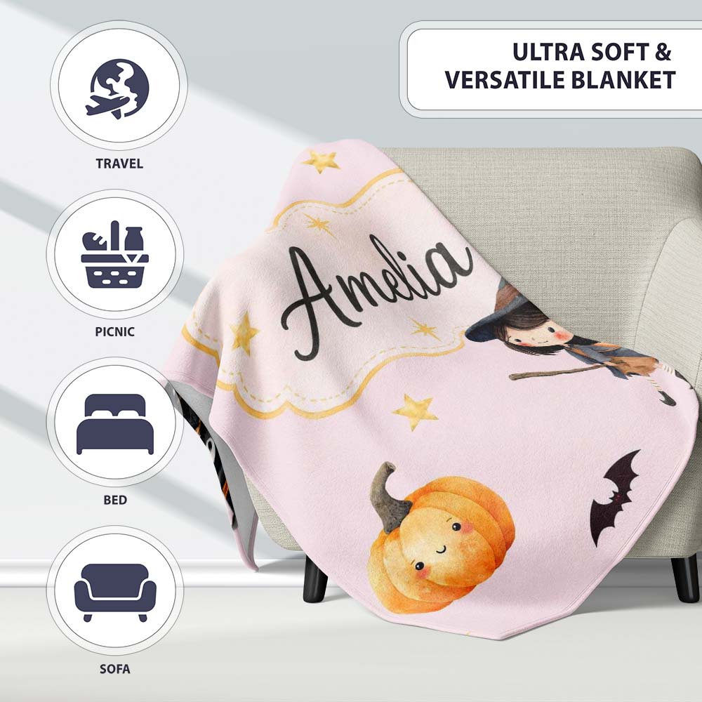 Halloween Witch Girl Flying on Broom with Black Cat Moon and Stars  Personalised Custom Name Super Soft Fleece Blanket Bed Sofa Throw