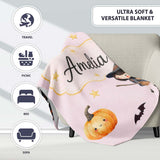 Halloween Witch Girl Flying on Broom with Black Cat Moon and Stars  Personalised Custom Name Super Soft Fleece Blanket Bed Sofa Throw