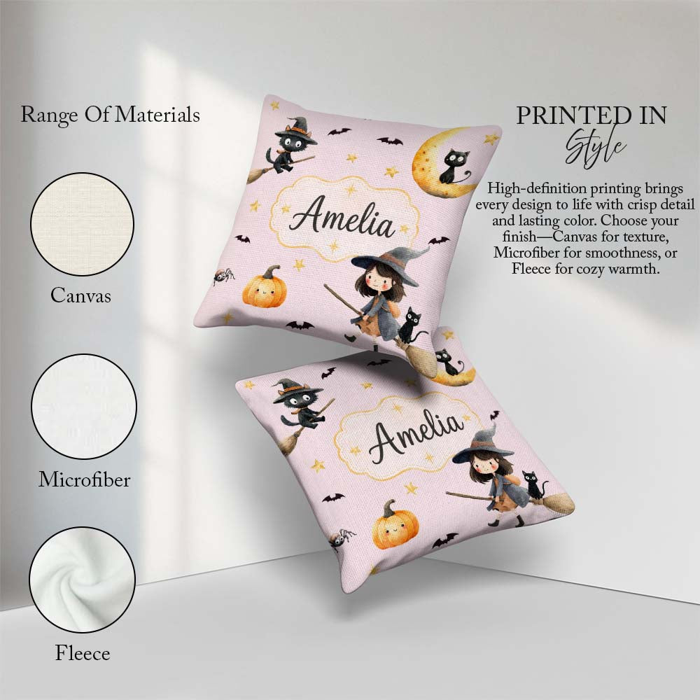 Custom Name Witch Girl Flying on Broom with Black Cat Moon Stars Square Filled Cushion Throw Pillow Sofa Bed Home Decor Zip Washable UK Made