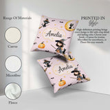 Custom Name Witch Girl Flying on Broom with Black Cat Moon Stars Square Filled Cushion Throw Pillow Sofa Bed Home Decor Zip Washable UK Made