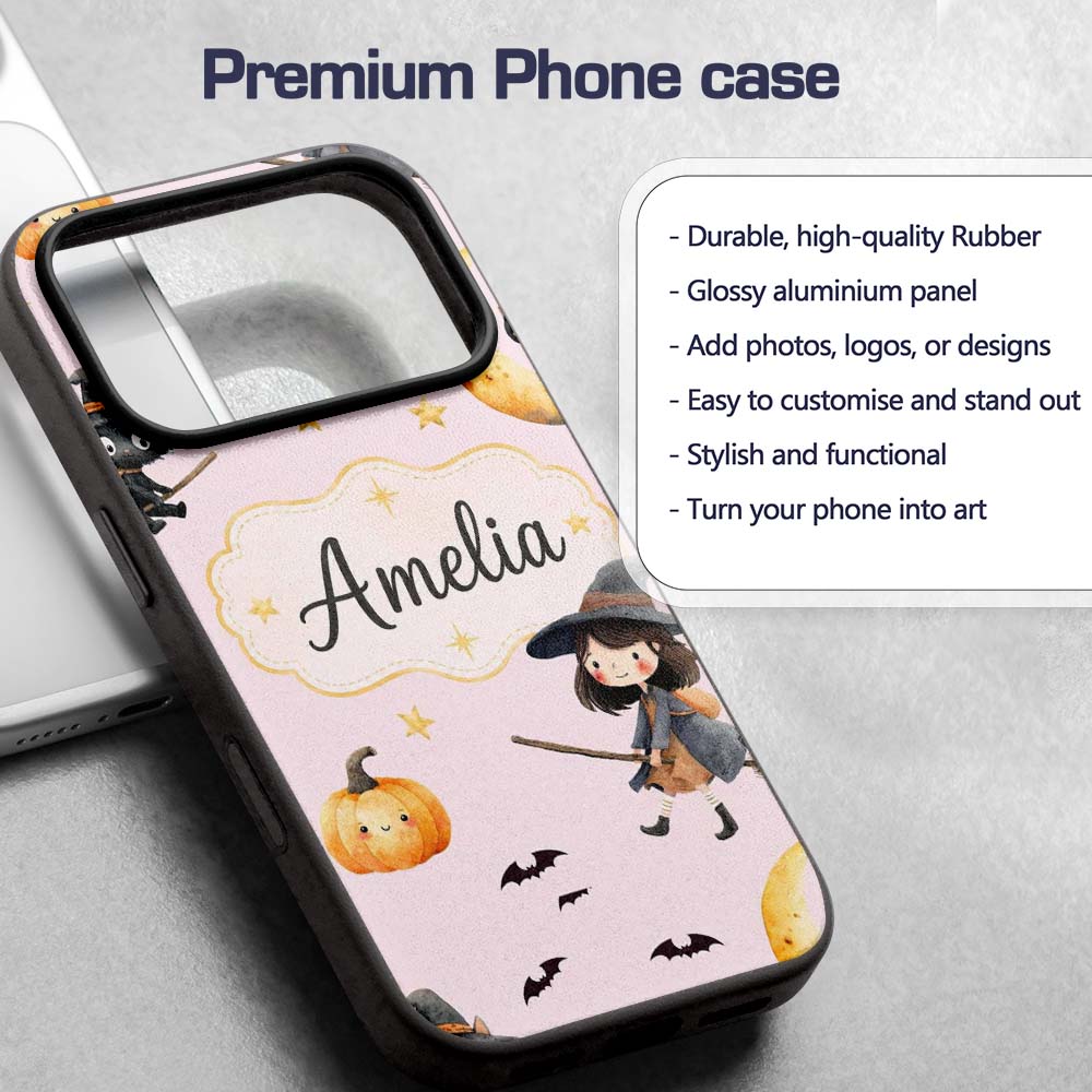 Halloween Witch Girl Flying on Broom with Black Custom Name Protective Phone Case Mobile Cover Durable Everyday Smartphone Shock Resistant