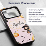 Halloween Witch Girl Flying on Broom with Black Custom Name Protective Phone Case Mobile Cover Durable Everyday Smartphone Shock Resistant
