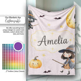 Halloween Witch Girl Flying on Broom with Black Cat Moon and Stars  Personalised Custom Name Super Soft Fleece Blanket Bed Sofa Throw