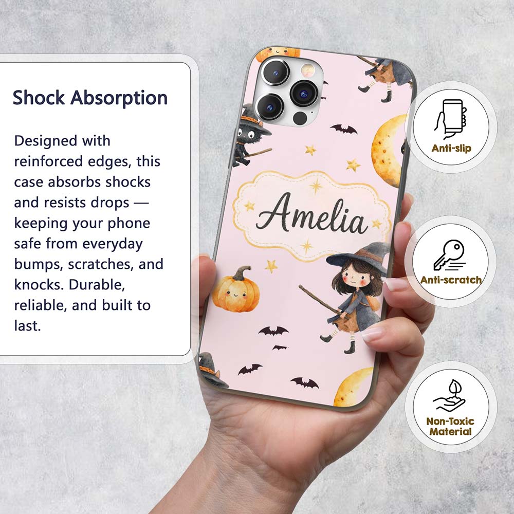 Halloween Witch Girl Flying on Broom with Black Custom Name Protective Phone Case Mobile Cover Durable Everyday Smartphone Shock Resistant