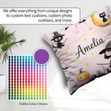 Custom Name Witch Girl Flying on Broom with Black Cat Moon Stars Square Filled Cushion Throw Pillow Sofa Bed Home Decor Zip Washable UK Made