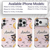Halloween Witch Girl Flying on Broom with Black Custom Name Protective Phone Case Mobile Cover Durable Everyday Smartphone Shock Resistant