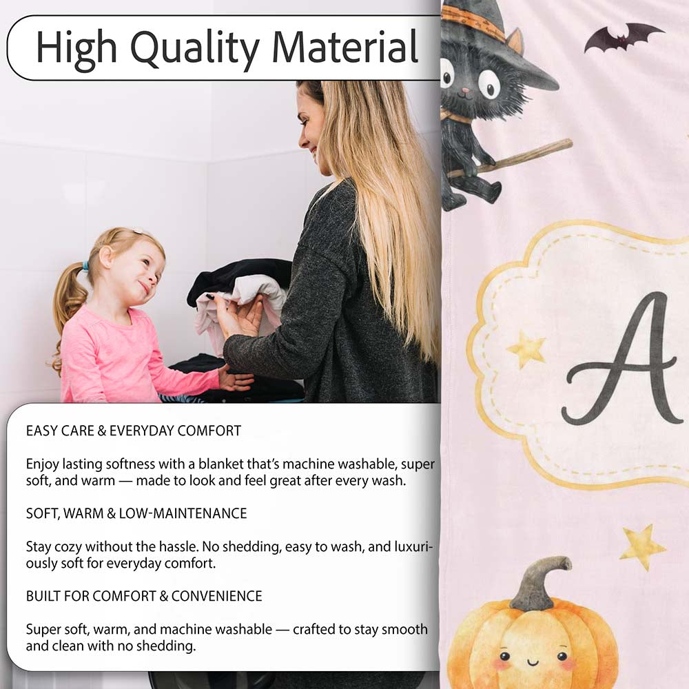 Halloween Witch Girl Flying on Broom with Black Cat Moon and Stars  Personalised Custom Name Super Soft Fleece Blanket Bed Sofa Throw