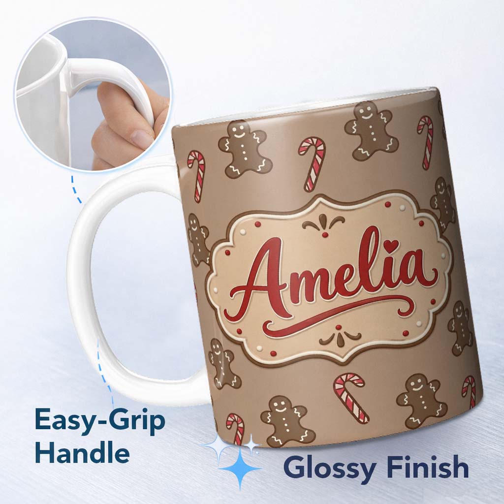 Personalized Custom Name Gingerbread Man Candy Cane Brown Christmas Seamless Pattern Lovely 11oz Ceramic Coffee Tea Mug White Large Handle