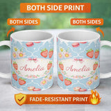 Personalized Custom Name Strawberry Cherry Daisy Seamless Pattern Blue Cute Coquette Floral 11oz Ceramic Coffee Tea Mug White Large Handle