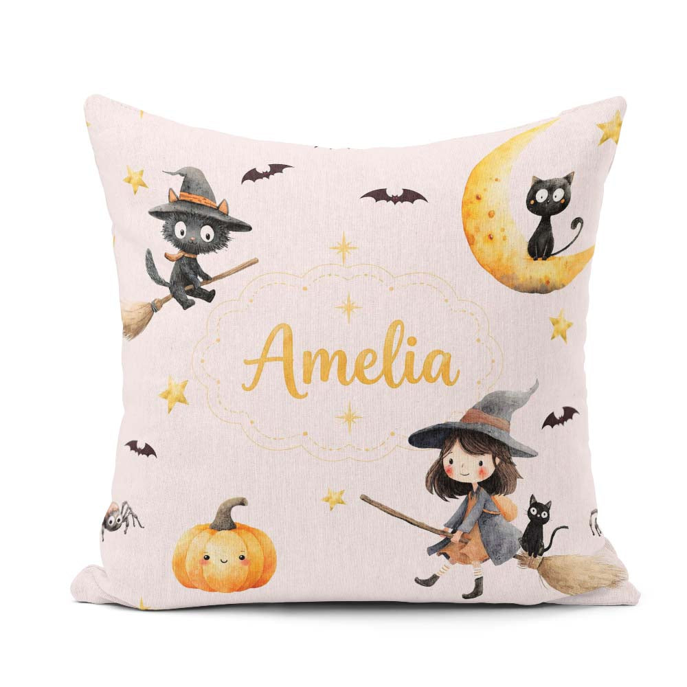 Custom Name Cute BlackCat in Witch Hat with Bats and Stars Pink Square Filled Cushion Throw Pillow Sofa Bed Home Decor Zip Washable UK Made