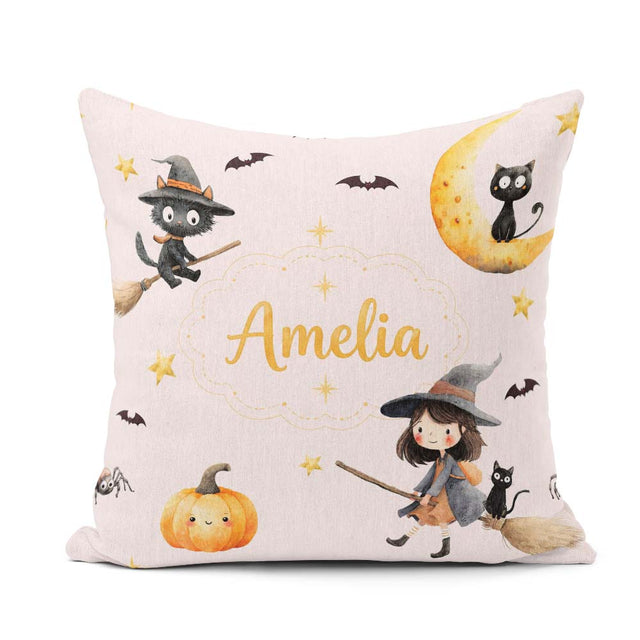 Custom Name Cute BlackCat in Witch Hat with Bats and Stars Pink Square Filled Cushion Throw Pillow Sofa Bed Home Decor Zip Washable UK Made