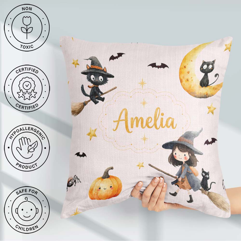 Custom Name Cute BlackCat in Witch Hat with Bats and Stars Pink Square Filled Cushion Throw Pillow Sofa Bed Home Decor Zip Washable UK Made