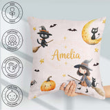 Custom Name Cute BlackCat in Witch Hat with Bats and Stars Pink Square Filled Cushion Throw Pillow Sofa Bed Home Decor Zip Washable UK Made