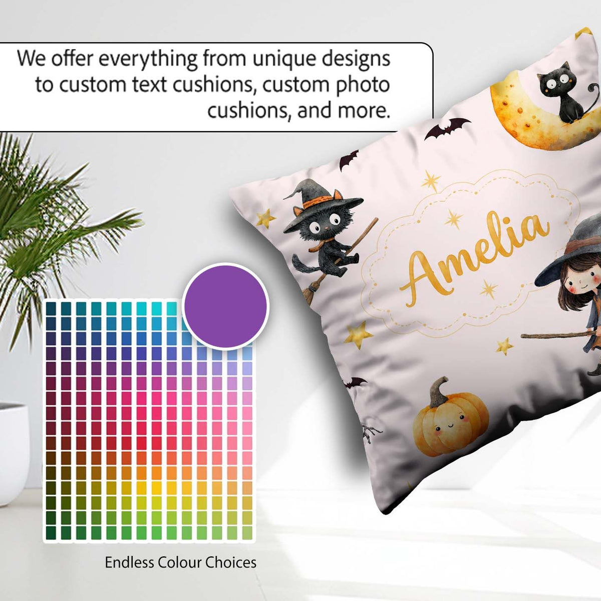 Custom Name Cute BlackCat in Witch Hat with Bats and Stars Pink Square Filled Cushion Throw Pillow Sofa Bed Home Decor Zip Washable UK Made