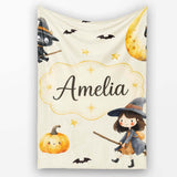 Cute Witch Girl Riding Broom with Black Cat Soft Cream Background  Personalised Custom Name Super Soft Fleece Blanket Bed Sofa Throw