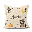 Custom Name Witch Girl Riding Broom with Black Cat Soft Cream Square Filled Cushion Throw Pillow Sofa Bed Home Decor Zip Washable UK Made