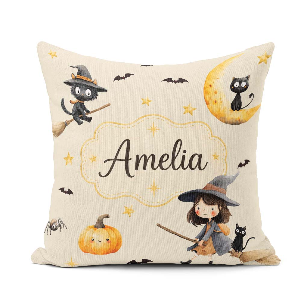 Custom Name Witch Girl Riding Broom with Black Cat Soft Cream Square Filled Cushion Throw Pillow Sofa Bed Home Decor Zip Washable UK Made