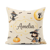 Custom Name Witch Girl Riding Broom with Black Cat Soft Cream Square Filled Cushion Throw Pillow Sofa Bed Home Decor Zip Washable UK Made
