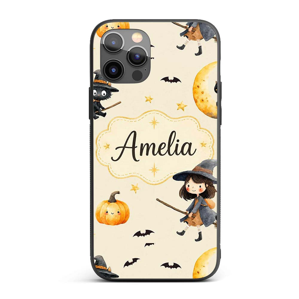 Cute Witch Girl Riding Broom with Black Cat Soft Custom Name Protective Phone Case Mobile Cover Durable Everyday Smartphone Shock Resistant