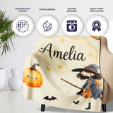 Cute Witch Girl Riding Broom with Black Cat Soft Cream Background  Personalised Custom Name Super Soft Fleece Blanket Bed Sofa Throw