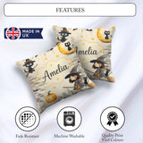 Custom Name Witch Girl Riding Broom with Black Cat Soft Cream Square Filled Cushion Throw Pillow Sofa Bed Home Decor Zip Washable UK Made