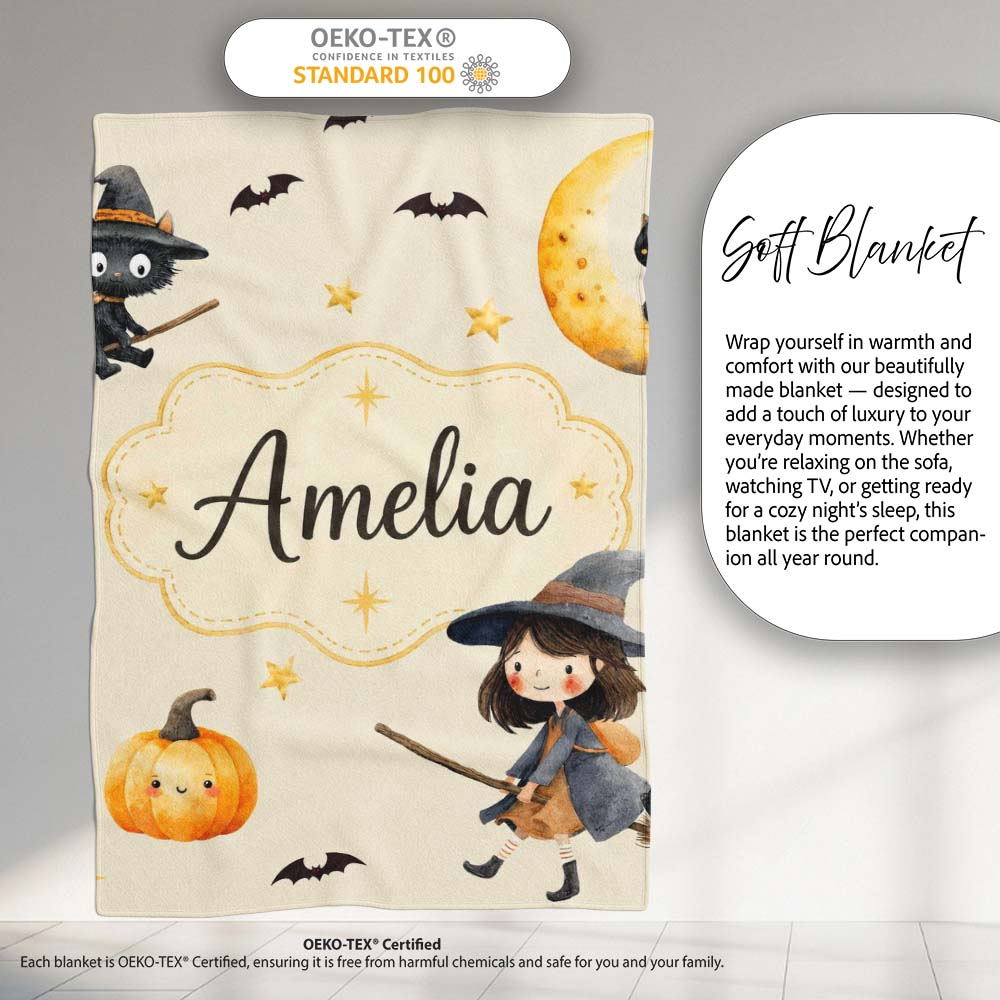 Cute Witch Girl Riding Broom with Black Cat Soft Cream Background  Personalised Custom Name Super Soft Fleece Blanket Bed Sofa Throw