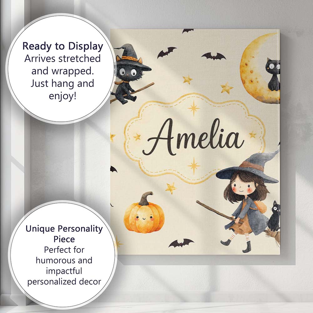Personalised Name Cute Witch Girl Riding Custom  Unique Gift Idea Elegant Feature Canvas Wall Art Print Decor Picture Ready to Hang